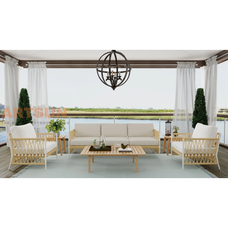 Chaise salon extérieure boho moderne avec tissage de corde et coussins tous les temps