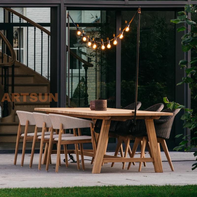 Chaise de salle à manger en bois de teck de vente chaude avec conception de corde tissée pour l'hôtel