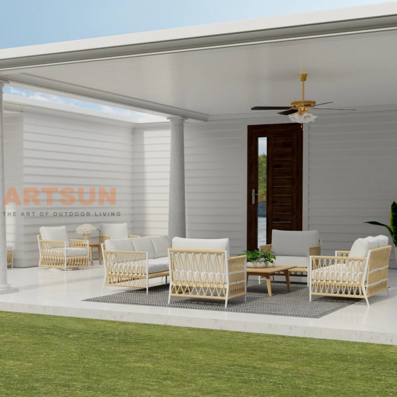 Chaise salon extérieure boho moderne avec tissage de corde et coussins tous les temps