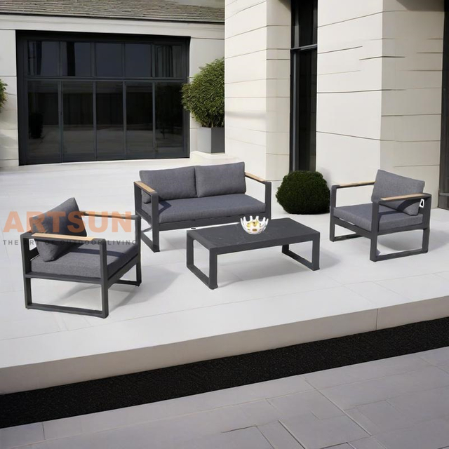 Canapé de jardin de patio en aluminium noir ensemble pour le balcon avec un accent en bois en teck