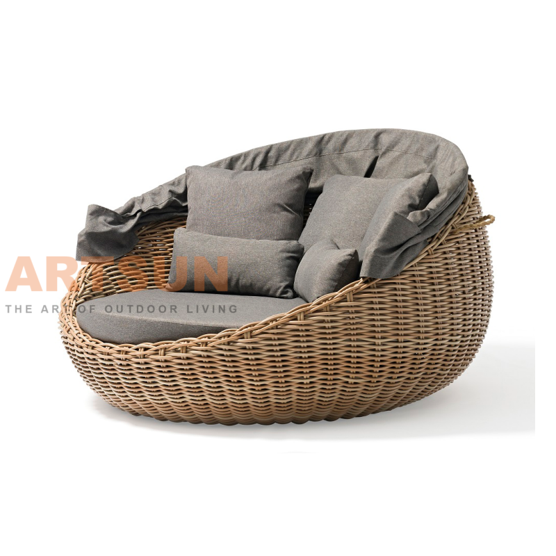 Lit de repos rond en rotin avec auvent extensible