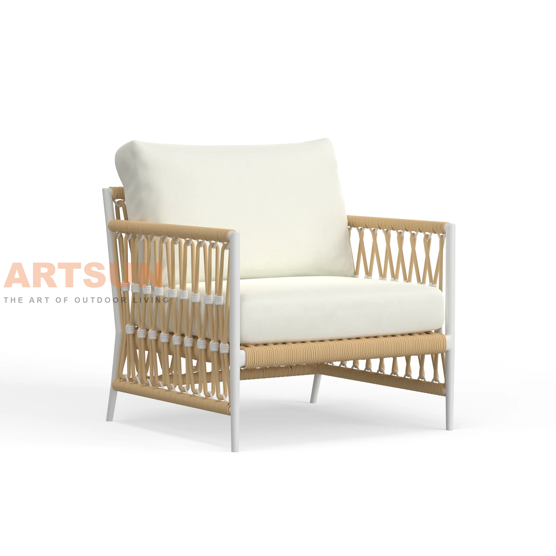 Chaise salon extérieure boho moderne avec tissage de corde et coussins tous les temps