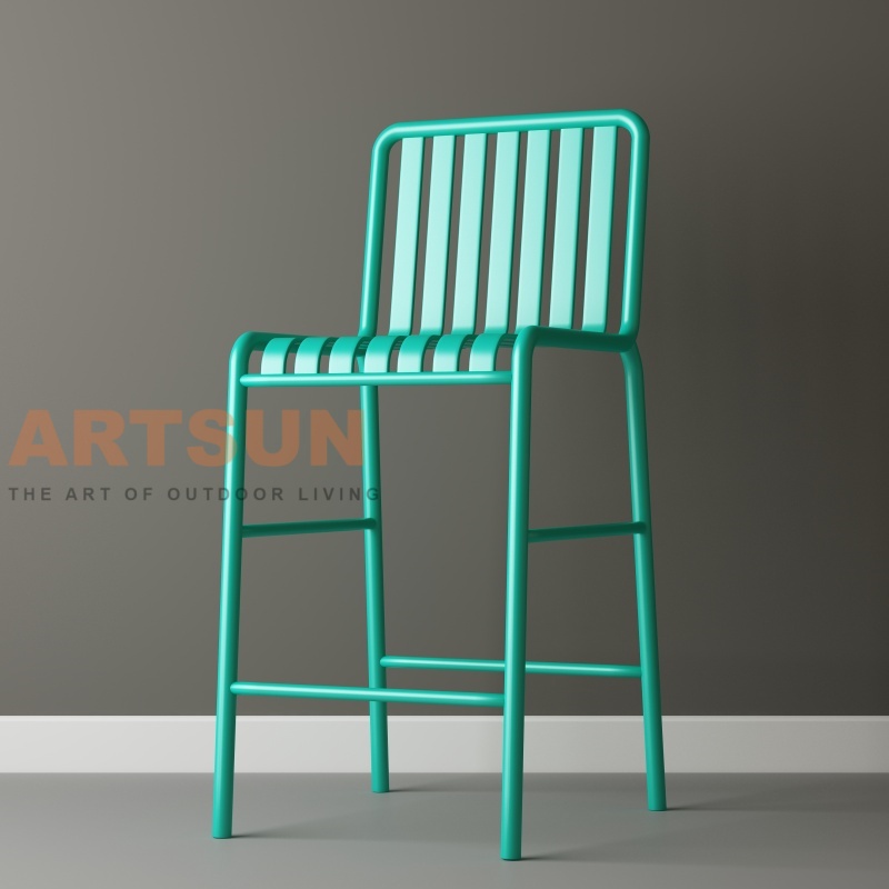 Chaise de bar d'extérieur en aluminium avec dossier à lattes pour projets commerciaux de bar de patio modernes