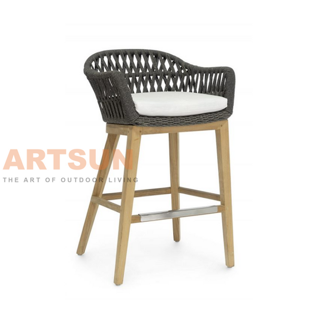 Chaise de bar d'extérieur en teck avec accoudoir en corde tissée à la main