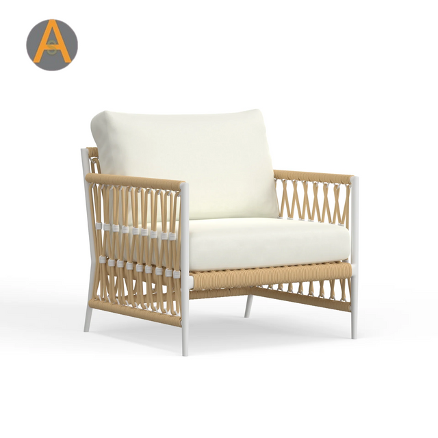 Chaise salon extérieure boho moderne avec tissage de corde et coussins tous les temps