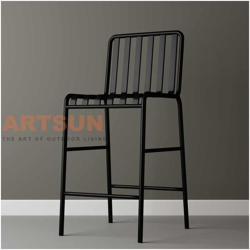 Chaise de bar d'extérieur en aluminium avec dossier à lattes pour projets commerciaux de bar de patio modernes