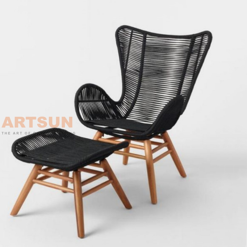 Chaise longue en corde à oreilles avec repose-pieds