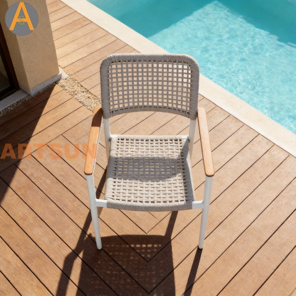 Nouveau design haut de gamme empilable pour patio extérieur, tissage de cordes de jardin, garantie résistante aux intempéries, chaise de salle à manger pour complexe hôtelier, villa, restaurant, hospitalité au bord de la piscine