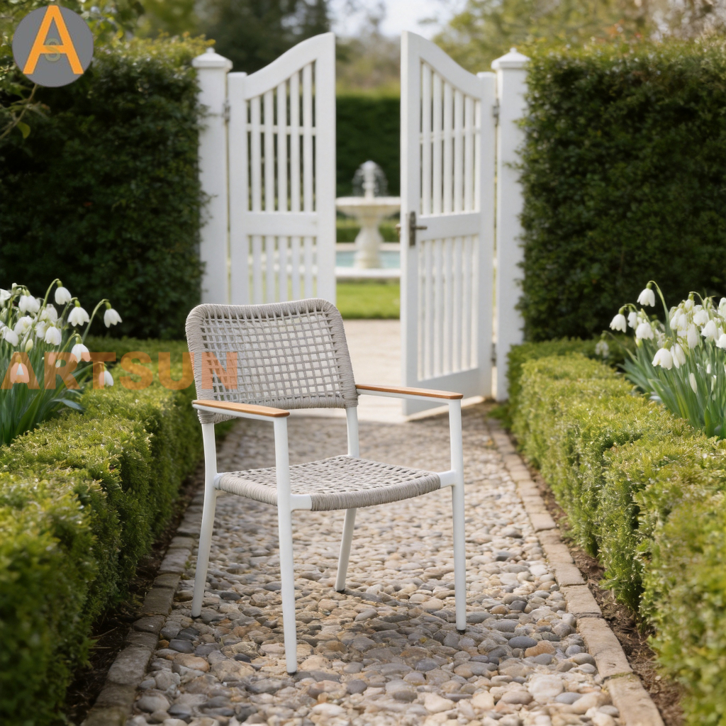 Nouveau design haut de gamme empilable pour patio extérieur, tissage de cordes de jardin, garantie résistante aux intempéries, chaise de salle à manger pour complexe hôtelier, villa, restaurant, hospitalité au bord de la piscine