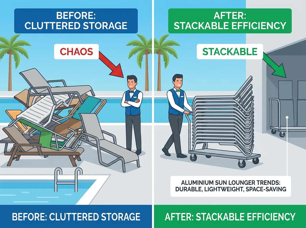 Chaises longues empilables en aluminium dispos&eacute;es sur la terrasse de la piscine du complexe